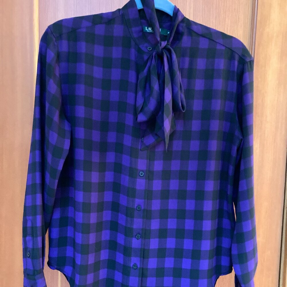 Lauren Ralph Lauren Long Sleeve Blouse PM Purple Black Buffalo Check Bow Tie
